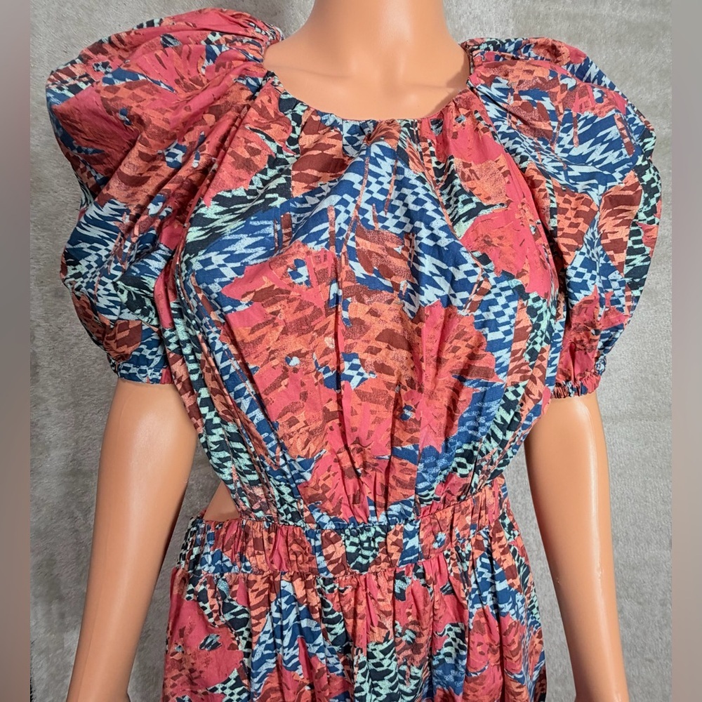Ulla Johnson Coral and Blue Asymmetrical Floral Midi Dress - Picture 11 of 16